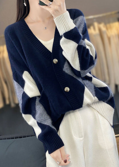 Loose Black V Neck Plaid Button Wool Knit Cardigans Winter ER026 ABC