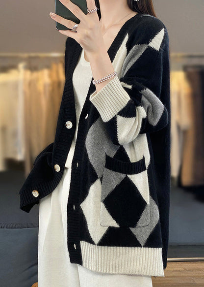Loose Black V Neck Plaid Button Wool Knit Cardigans Winter ER026 ABC