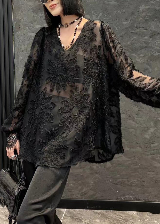 Loose Black V Neck Solid Chiffon Shirt Long Sleeve OP1044 Ada Fashion