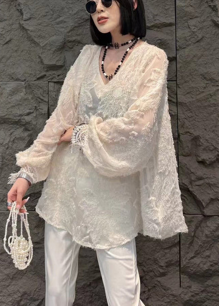 Loose Black V Neck Solid Chiffon Shirt Long Sleeve OP1044 Ada Fashion