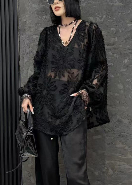Loose Black V Neck Solid Chiffon Shirt Long Sleeve OP1044 Ada Fashion