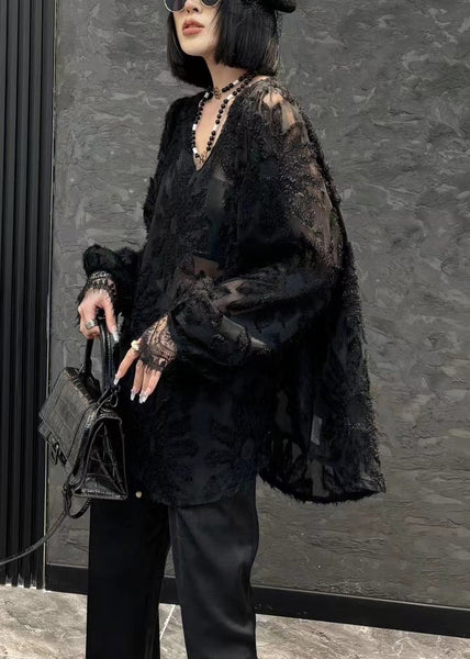 Loose Black V Neck Solid Chiffon Shirt Long Sleeve OP1044 Ada Fashion