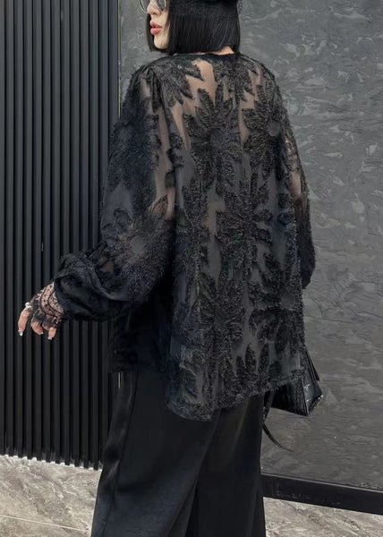 Loose Black V Neck Solid Chiffon Shirt Long Sleeve OP1044 Ada Fashion