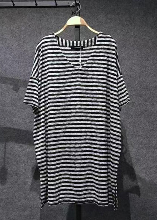 Loose Black V Neck Striped Side Open Cotton T Shirts Tops Summer AP068 GK-STP240718