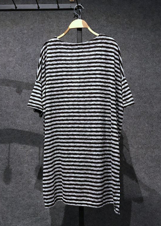 Loose Black V Neck Striped Side Open Cotton T Shirts Tops Summer AP068 GK-STP240718