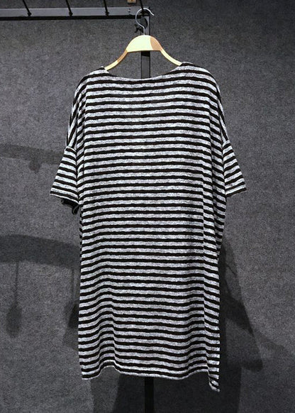 Loose Black V Neck Striped Side Open Cotton T Shirts Tops Summer AP068 GK-STP240718