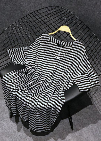 Loose Black V Neck Striped Side Open Cotton T Shirts Tops Summer AP068 GK-STP240718