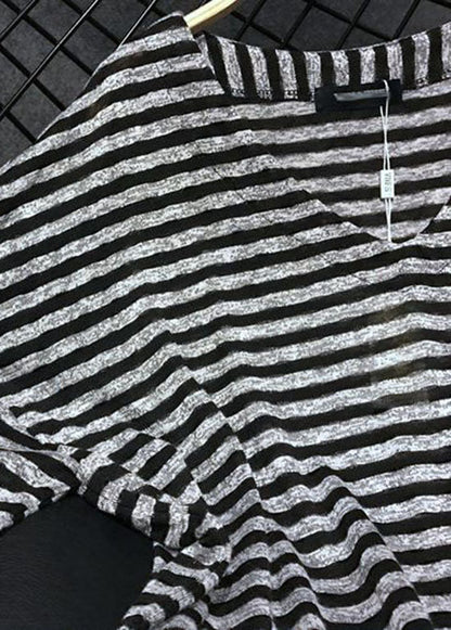 Loose Black V Neck Striped Side Open Cotton T Shirts Tops Summer AP068 GK-STP240718