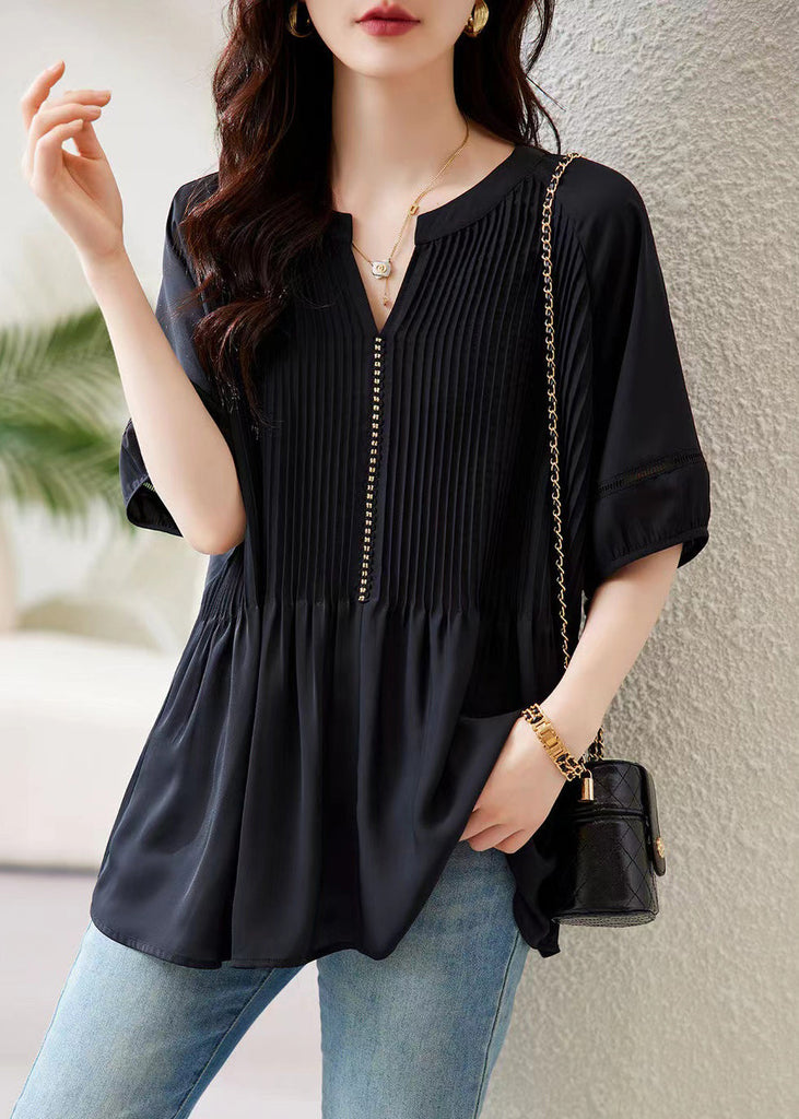 Loose Black V Neck Wrinkled Chiffon Tops Half Sleeve AB1045 Genistyle Shop