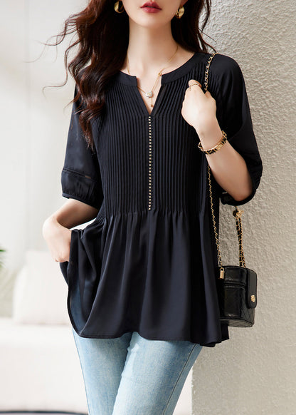 Loose Black V Neck Wrinkled Chiffon Tops Half Sleeve AB1045 Genistyle Shop