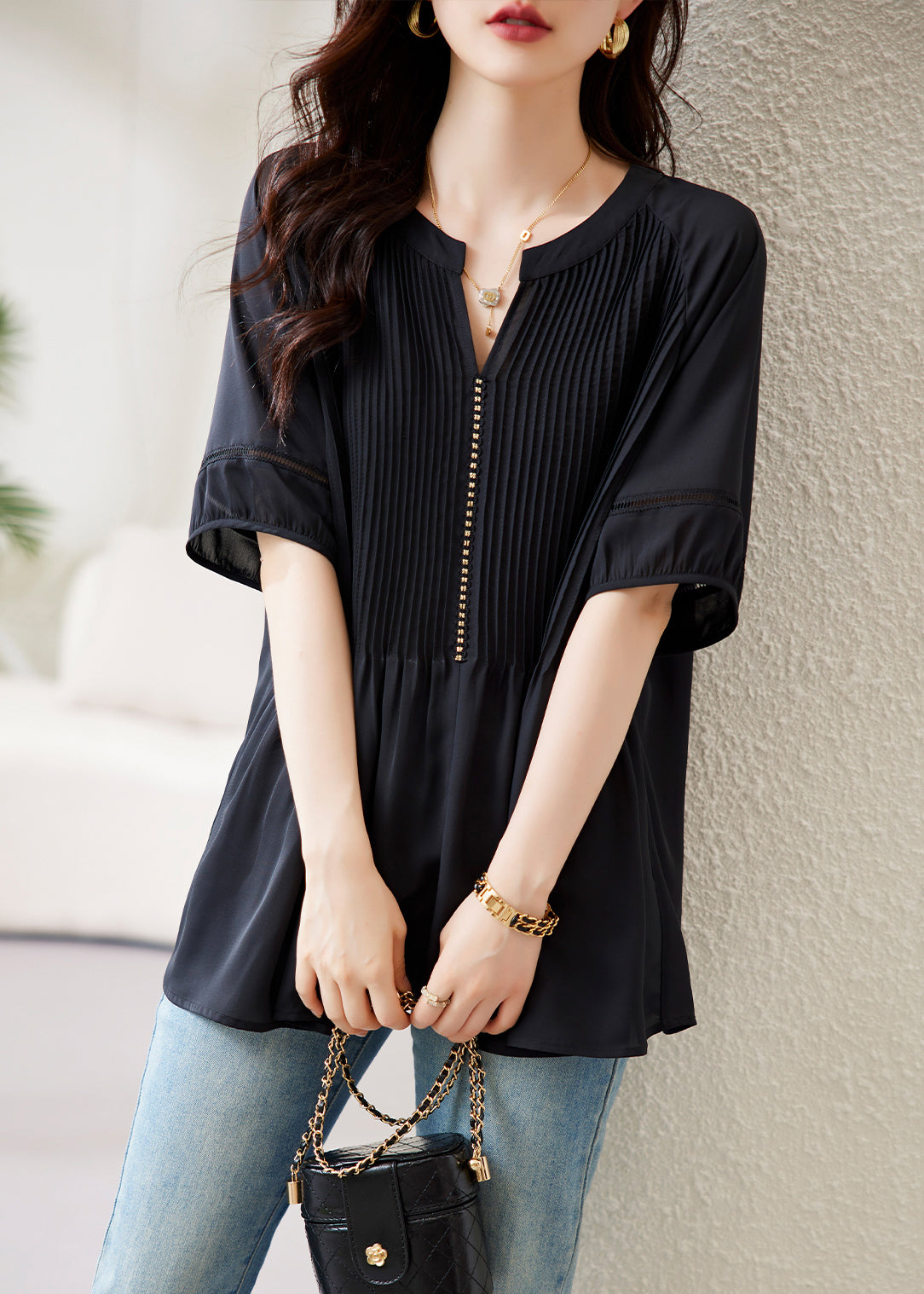 Loose Black V Neck Wrinkled Chiffon Tops Half Sleeve AB1045 Genistyle Shop