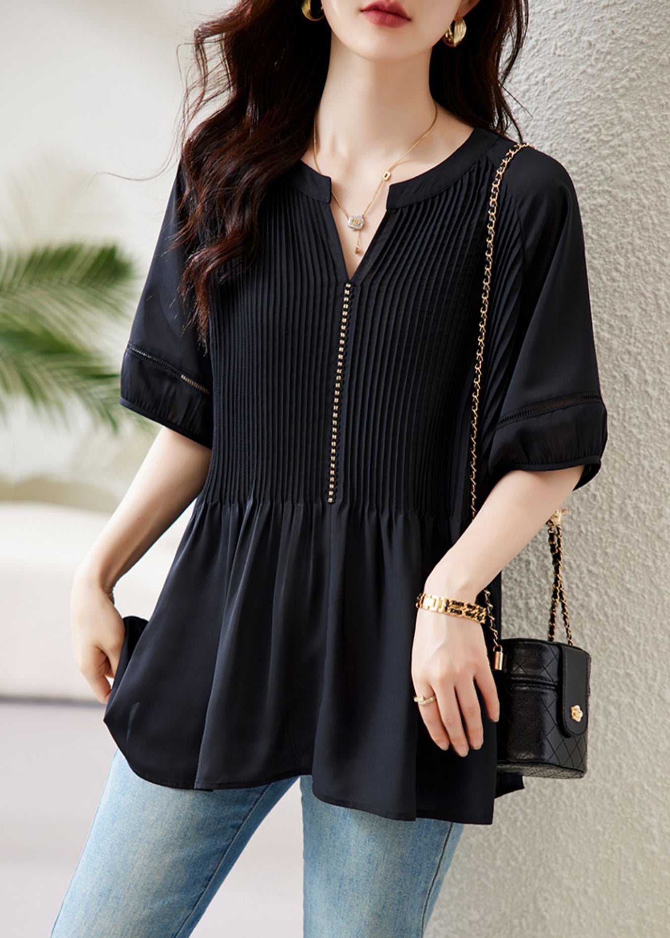 Loose Black V Neck Wrinkled Chiffon Tops Half Sleeve AB1045 Genistyle Shop