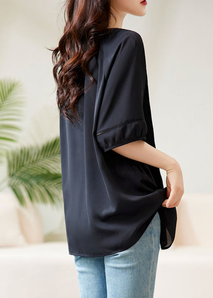 Loose Black V Neck Wrinkled Chiffon Tops Half Sleeve AB1045 Genistyle Shop