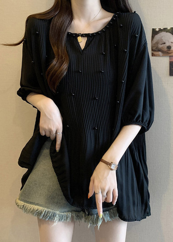 Loose Black Wrinkled Nail Bead Chiffon Shirts Half Sleeve RE035 MZF-HTP240807