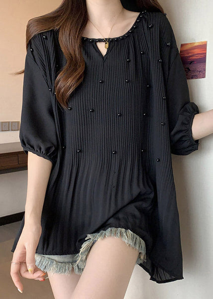 Loose Black Wrinkled Nail Bead Chiffon Shirts Half Sleeve RE035 MZF-HTP240807