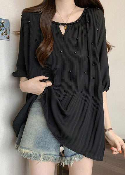 Loose Black Wrinkled Nail Bead Chiffon Shirts Half Sleeve RE035 MZF-HTP240807