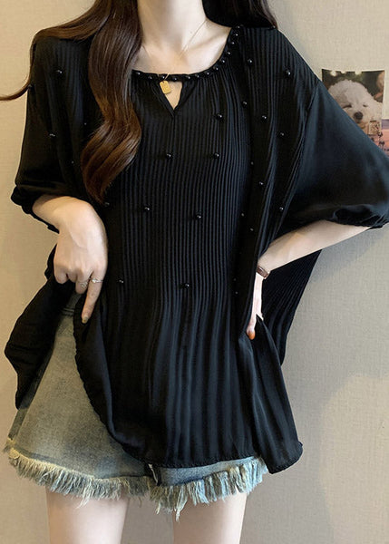 Loose Black Wrinkled Nail Bead Chiffon Shirts Half Sleeve RE035 MZF-HTP240807
