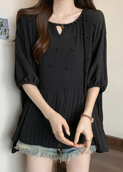 Loose Black Wrinkled Nail Bead Chiffon Shirts Half Sleeve RE035 MZF-HTP240807