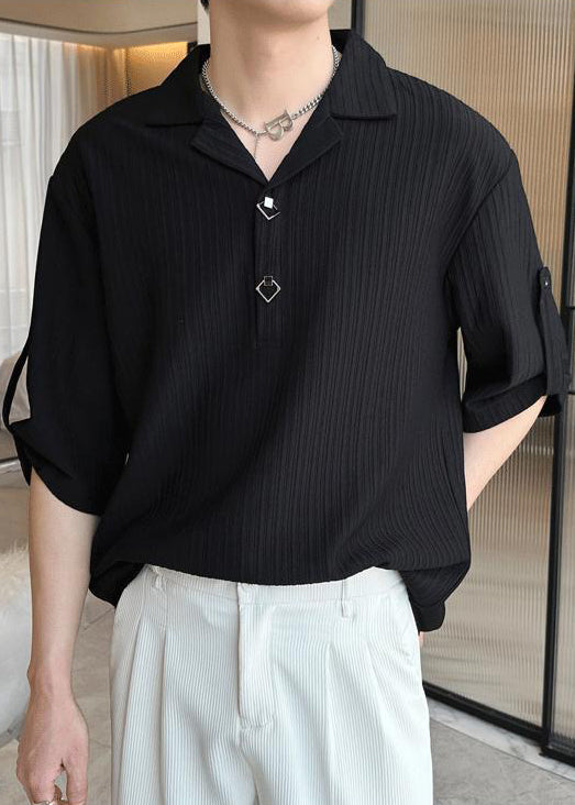 Men Shirt Cotton Solid Wrinkled Half Black Sleeve Loose Polo FashionChic