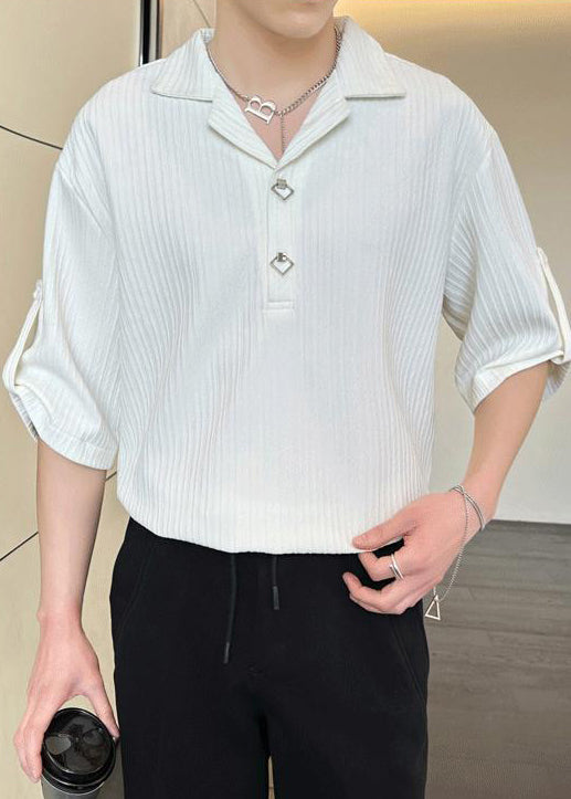 Men Shirt Cotton Solid Wrinkled Half Black Sleeve Loose Polo FashionChic