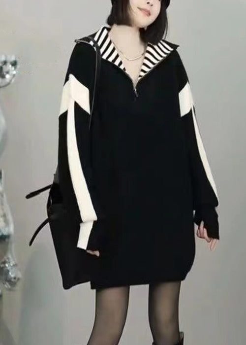 Loose Black Zip Up Patchwork Knit Sweater Winter RF023 ABC