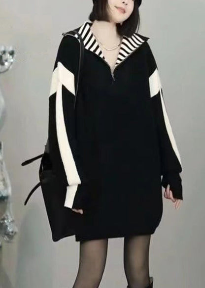 Loose Black Zip Up Patchwork Knit Sweater Winter RF023 ABC