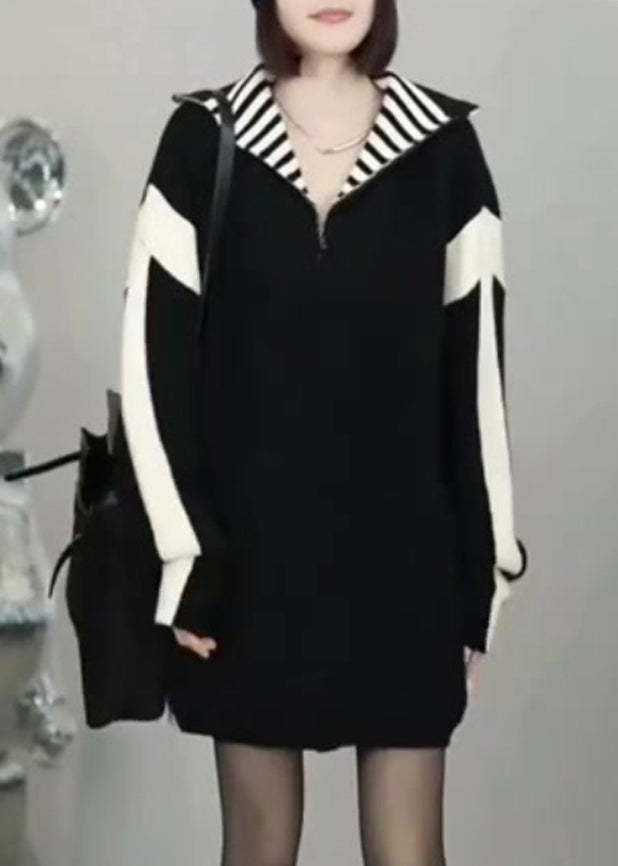 Loose Black Zip Up Patchwork Knit Sweater Winter RF023 ABC