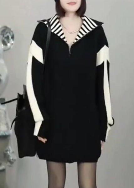 Loose Black Zip Up Patchwork Knit Sweater Winter RF023 ABC
