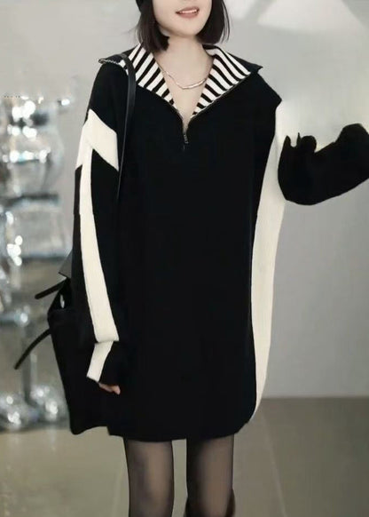 Loose Black Zip Up Patchwork Knit Sweater Winter RF023 ABC