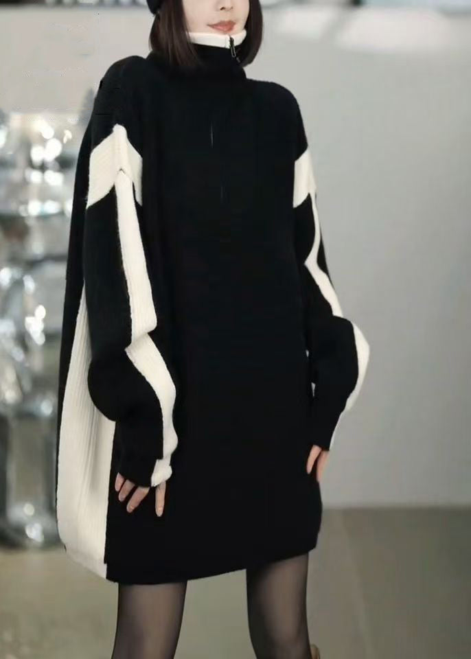 Loose Black Zip Up Patchwork Knit Sweater Winter RF023 ABC