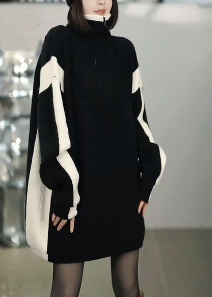 Loose Black Zip Up Patchwork Knit Sweater Winter RF023 ABC