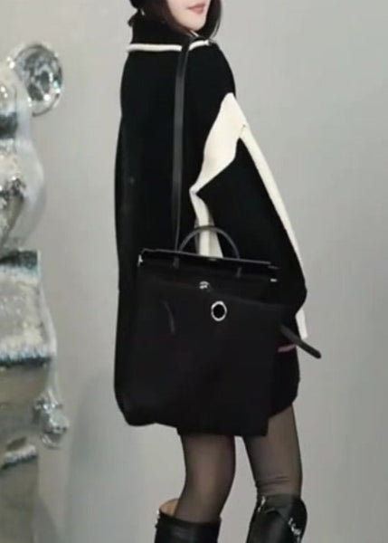 Loose Black Zip Up Patchwork Knit Sweater Winter RF023 ABC