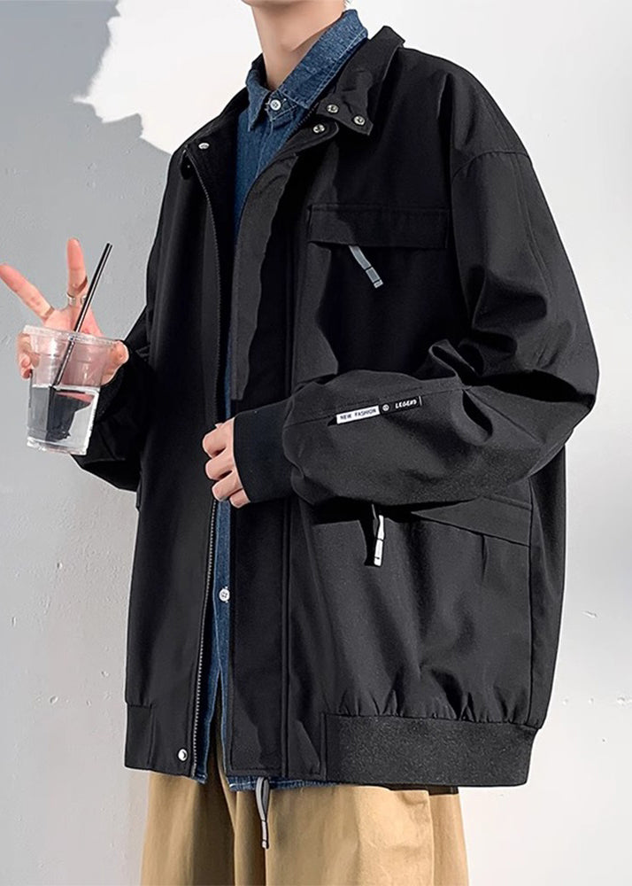 Coats Solid Zippered Mens Cotton Spring Black Pockets Loose FashionChic