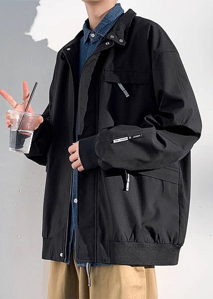 Coats Solid Zippered Mens Cotton Spring Black Pockets Loose FashionChic