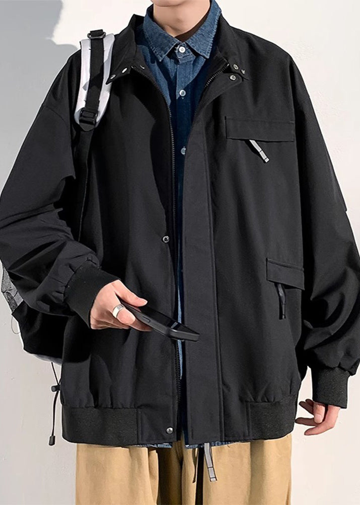 Coats Solid Zippered Mens Cotton Spring Black Pockets Loose FashionChic