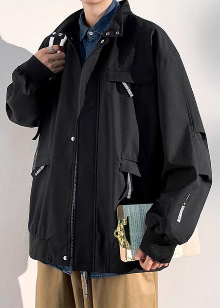 Coats Solid Zippered Mens Cotton Spring Black Pockets Loose FashionChic