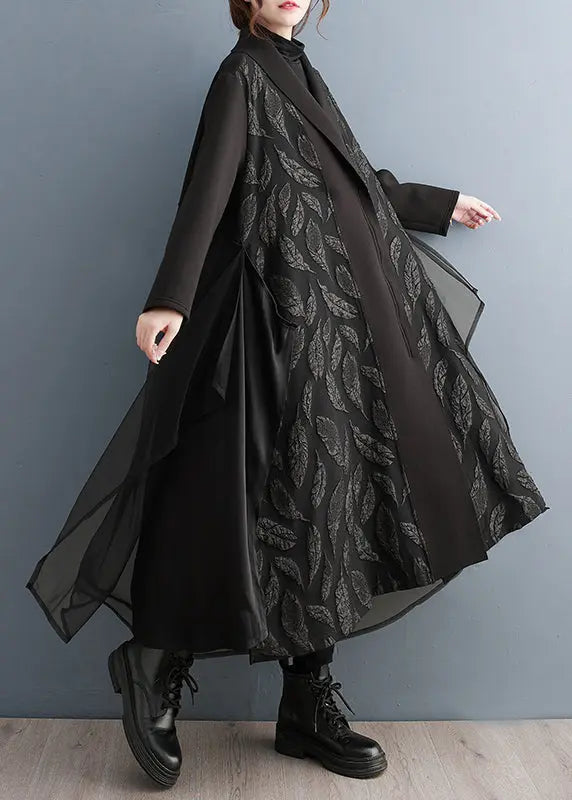 Loose Black Zippered Print Tulle Patchwork Long Trench Coat Fall Ada Fashion