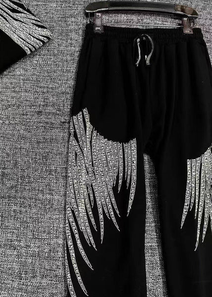 Loose Black Zircon Elastic Waist Cotton Crop Pants Fall RK032 ABC