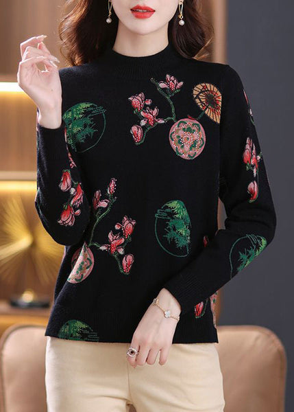 Loose Black Zircon Print Wool Knit Sweaters Spring TB015