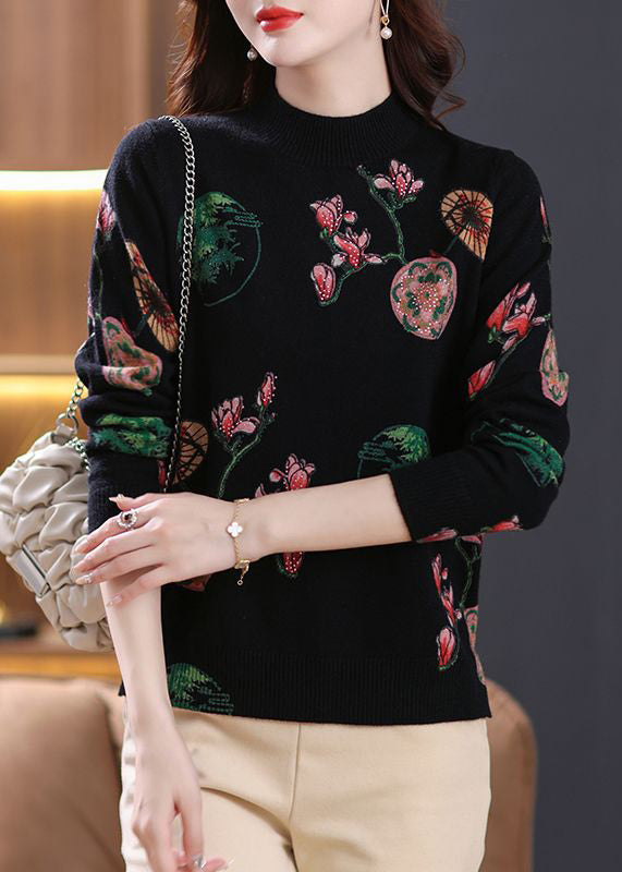 Loose Black Zircon Print Wool Knit Sweaters Spring TB015