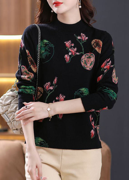 Loose Black Zircon Print Wool Knit Sweaters Spring TB015