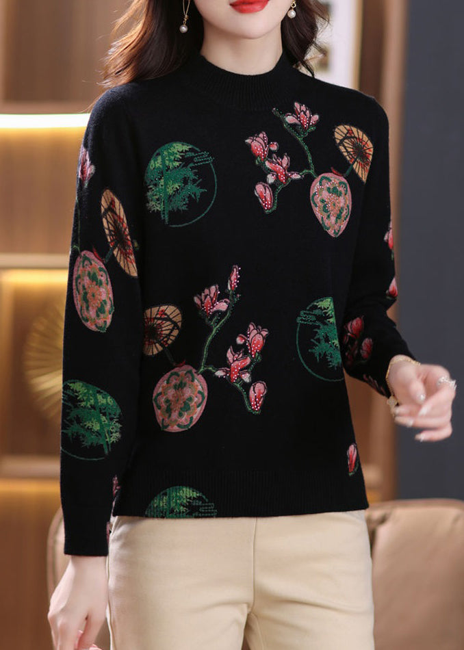 Loose Black Zircon Print Wool Knit Sweaters Spring TB015