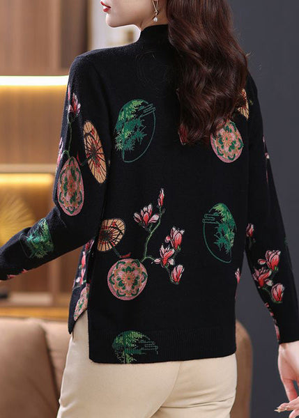 Loose Black Zircon Print Wool Knit Sweaters Spring TB015