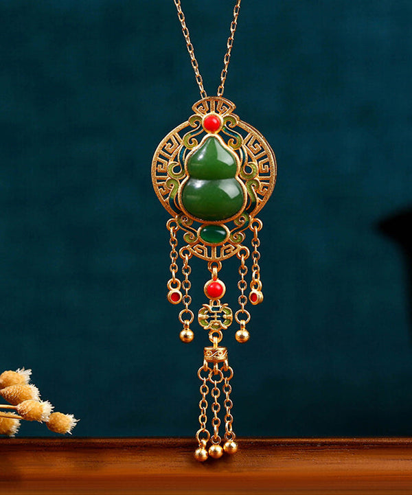 Loose Blackish Green Ancient Gold Jade Agate Tassel Pendant Necklace KX1068 Ada Fashion