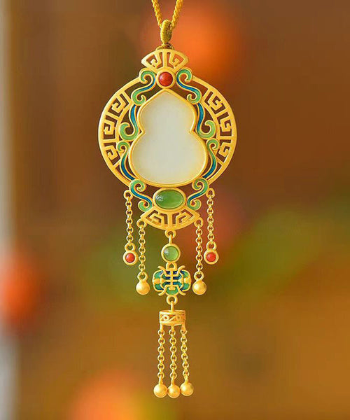 Loose Blackish Green Ancient Gold Jade Agate Tassel Pendant Necklace KX1068 Ada Fashion