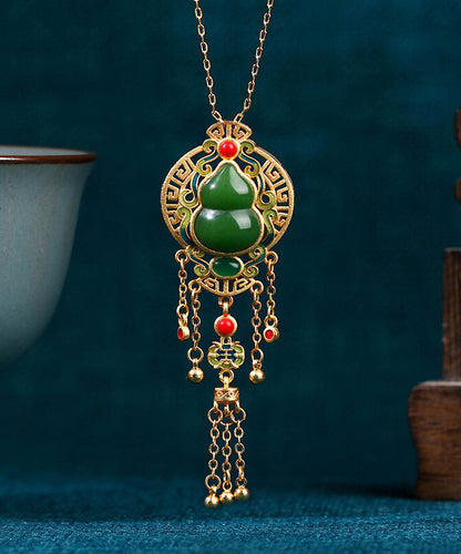 Loose Blackish Green Ancient Gold Jade Agate Tassel Pendant Necklace KX1068 Ada Fashion