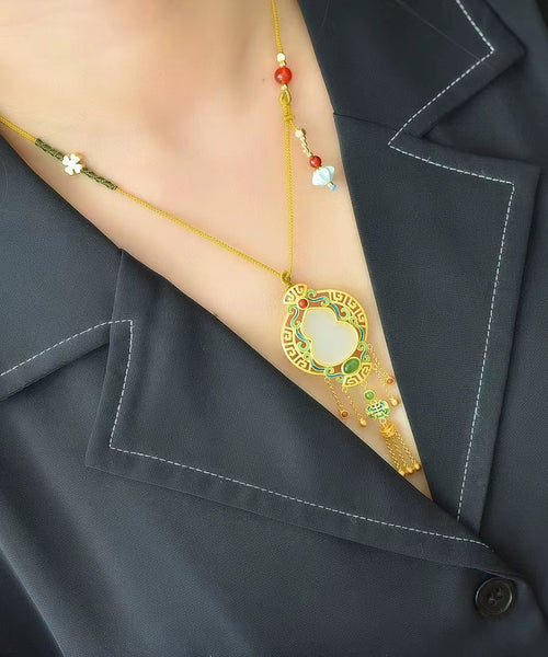 Loose Blackish Green Ancient Gold Jade Agate Tassel Pendant Necklace KX1068 Ada Fashion