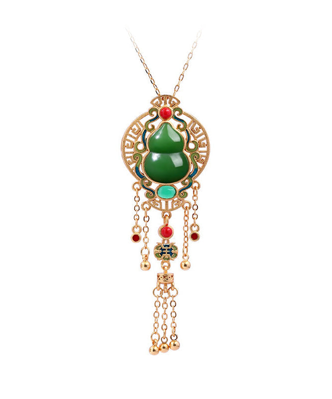 Loose Blackish Green Ancient Gold Jade Agate Tassel Pendant Necklace KX1068 Ada Fashion
