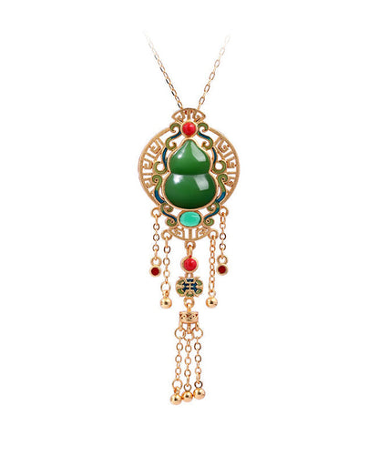Loose Blackish Green Ancient Gold Jade Agate Tassel Pendant Necklace KX1068 Ada Fashion