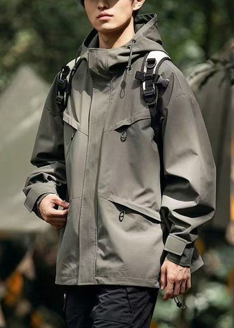 Coats Loose Pockets Zippered Hooded Mens Cotton Green Blackish FashionChic